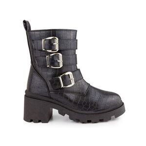 SUGAR Womens Black Crocodile 1" Platform Back Triple Filo Combat Boots 7 M